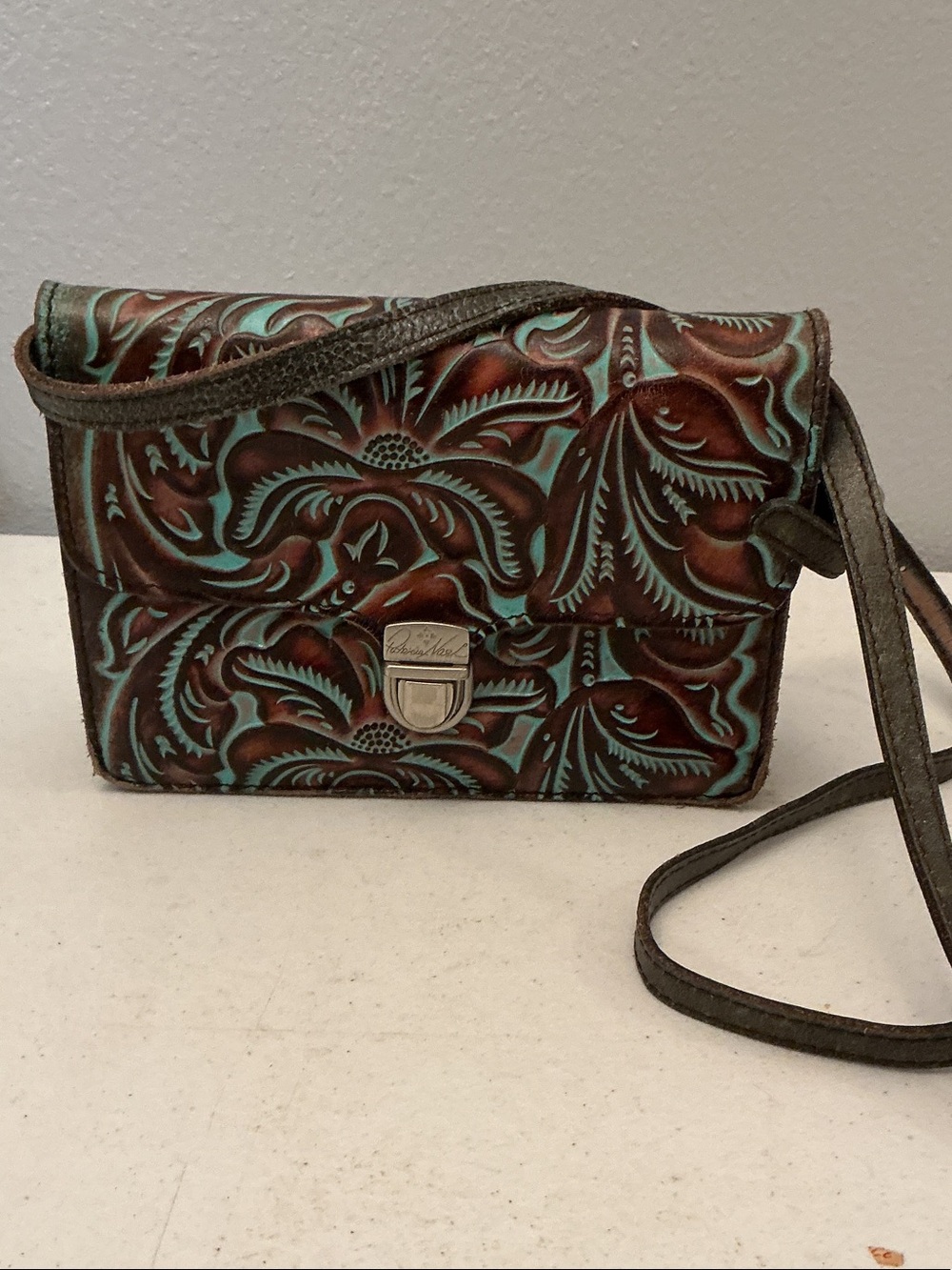 Patricia Nash Turquoise and Brown Tooled Leather Crossbody